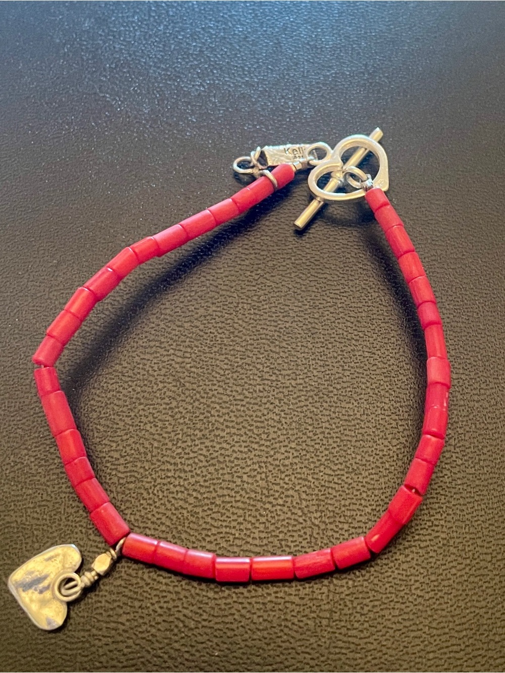 Vintage Dana Kellin (marked) Red Coral Heishi  Bead Bracelet w/ Charm. 925.